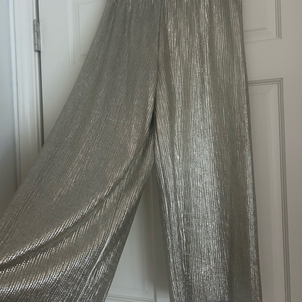 Alice + Olivia Shiny Silver Wide-Leg Pants